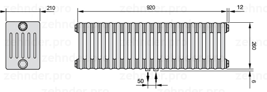Схема (чертеж) Радиатор Zehnder Charleston 6026/20 №5410 Белый глянцевый RAL 9016
